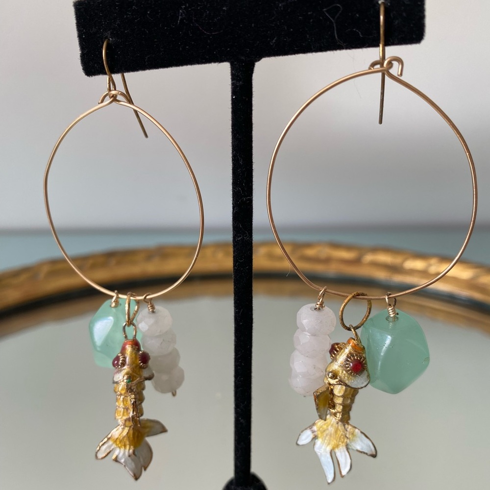 Cloisonné Fish and Quartz Hoop Earrings